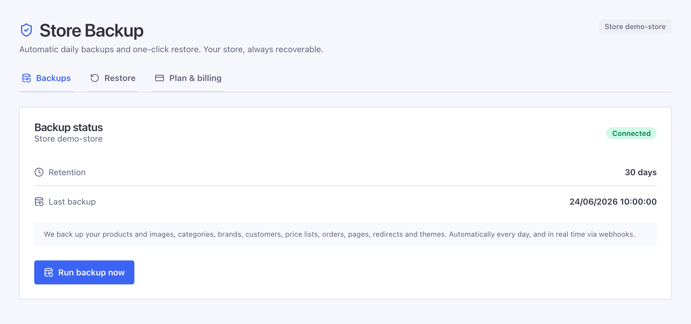 Backup status in the Store Backup app
