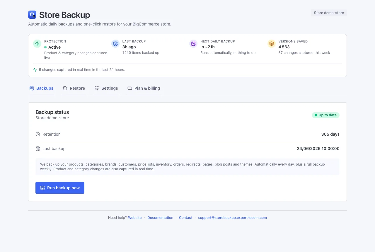 The Store Backup app inside the BigCommerce admin, with its Backups, Restore, Settings and Plan and billing tabs