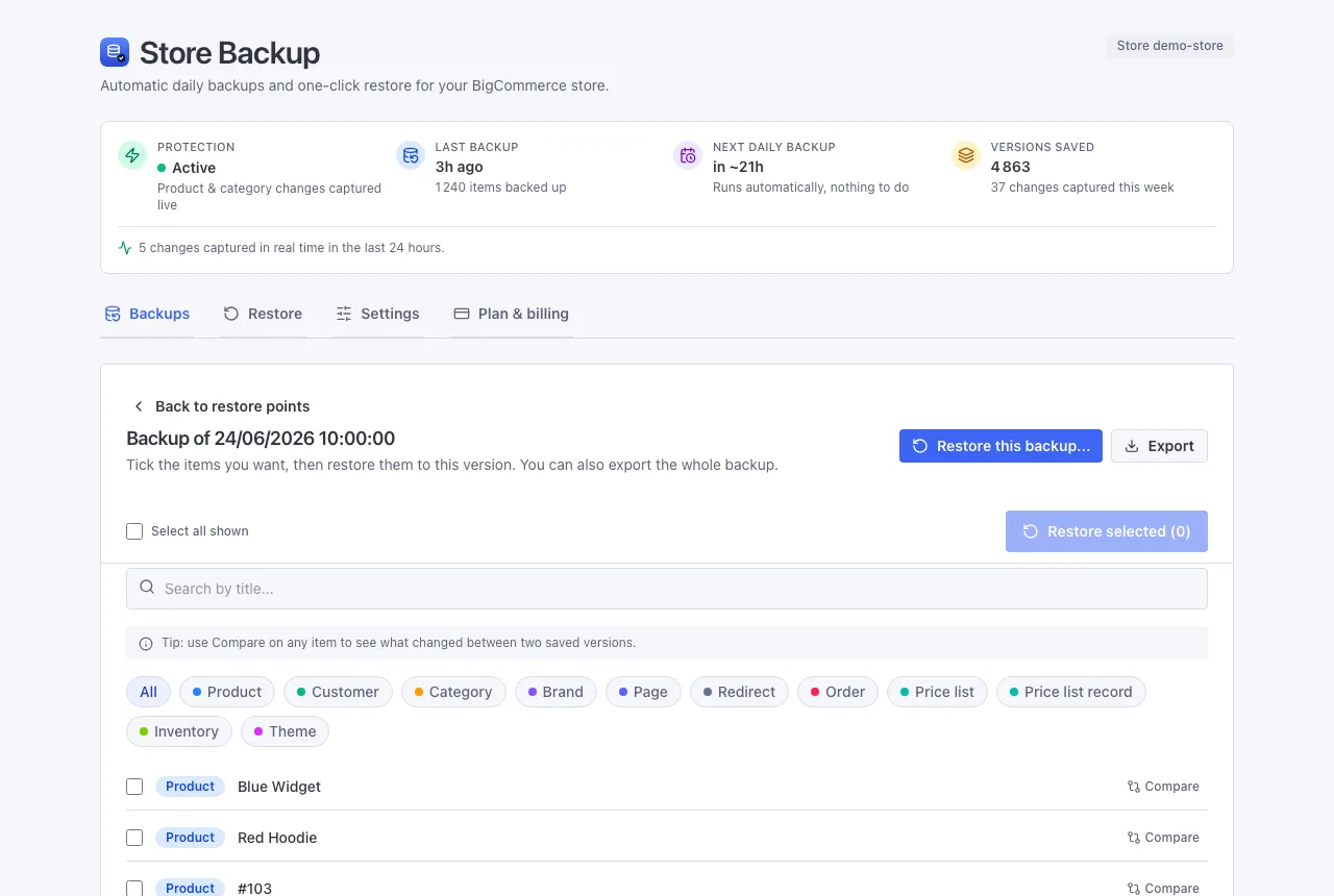Picking items to restore in the Store Backup app