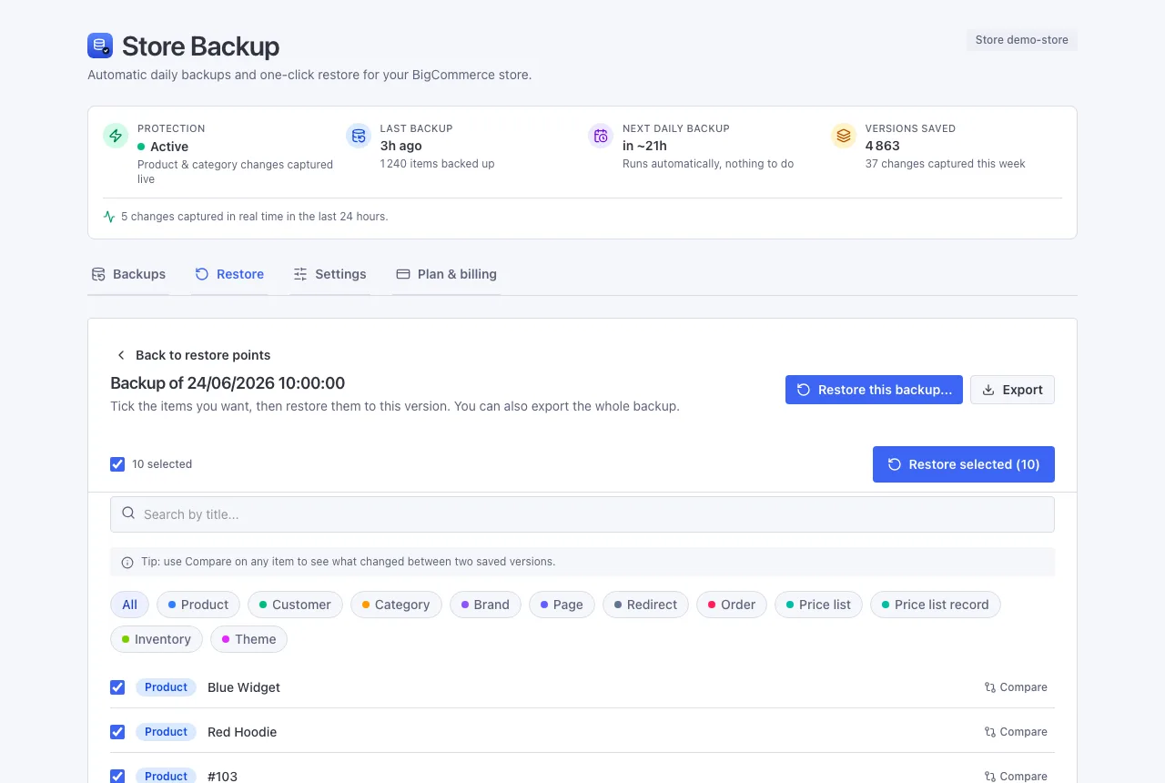 Items ticked for restore, with the Restore selected button active