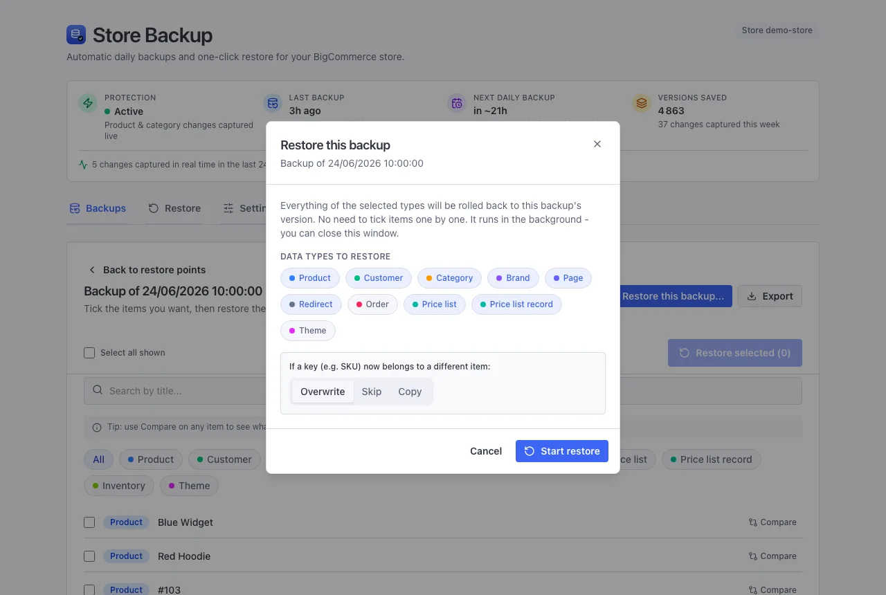 The Restore this backup dialog with data types to include
