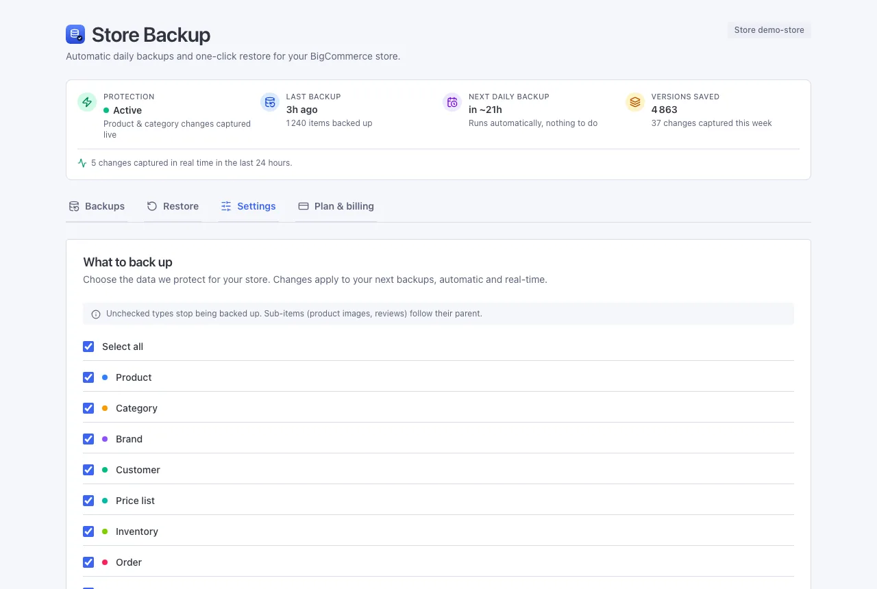 The Settings tab where each data type can be turned on or off